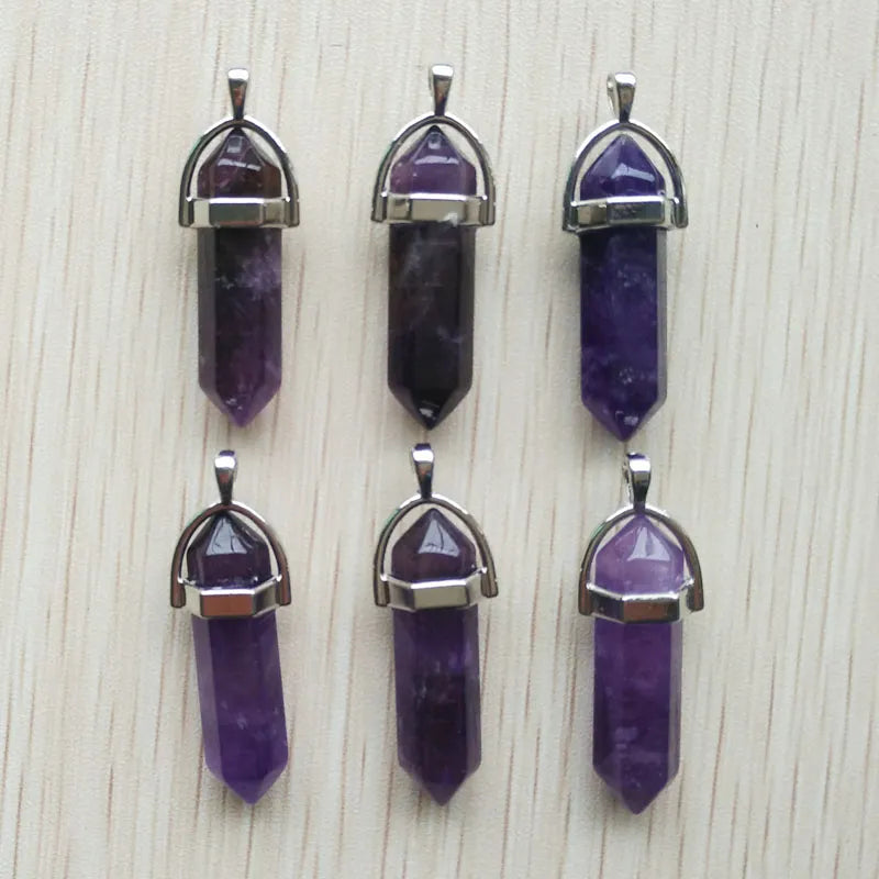 10pcs/lot Natural Amethyst stone purple Hexagonal healing Reiki Point pendants jewelry accessories Wholesale