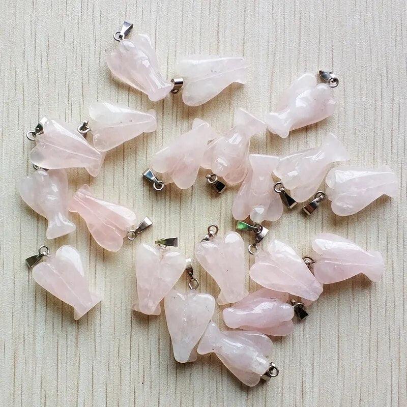 20pcs/lot high quality carved natural stone pink rose quartz angel pendants charms for jewelry making