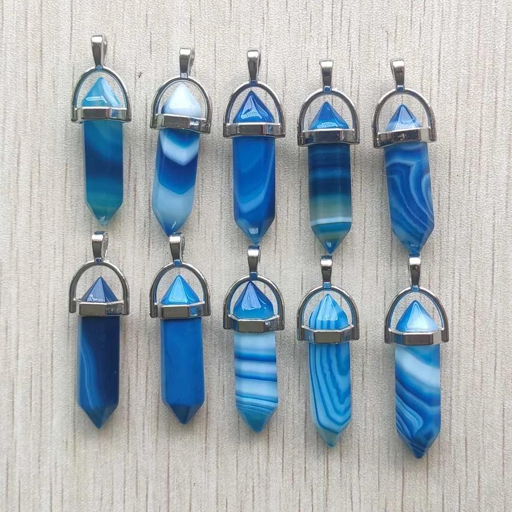 24pcs/lot stripe light blue agate onyx pillar point chakra charms pendants for jewelry making wholesale