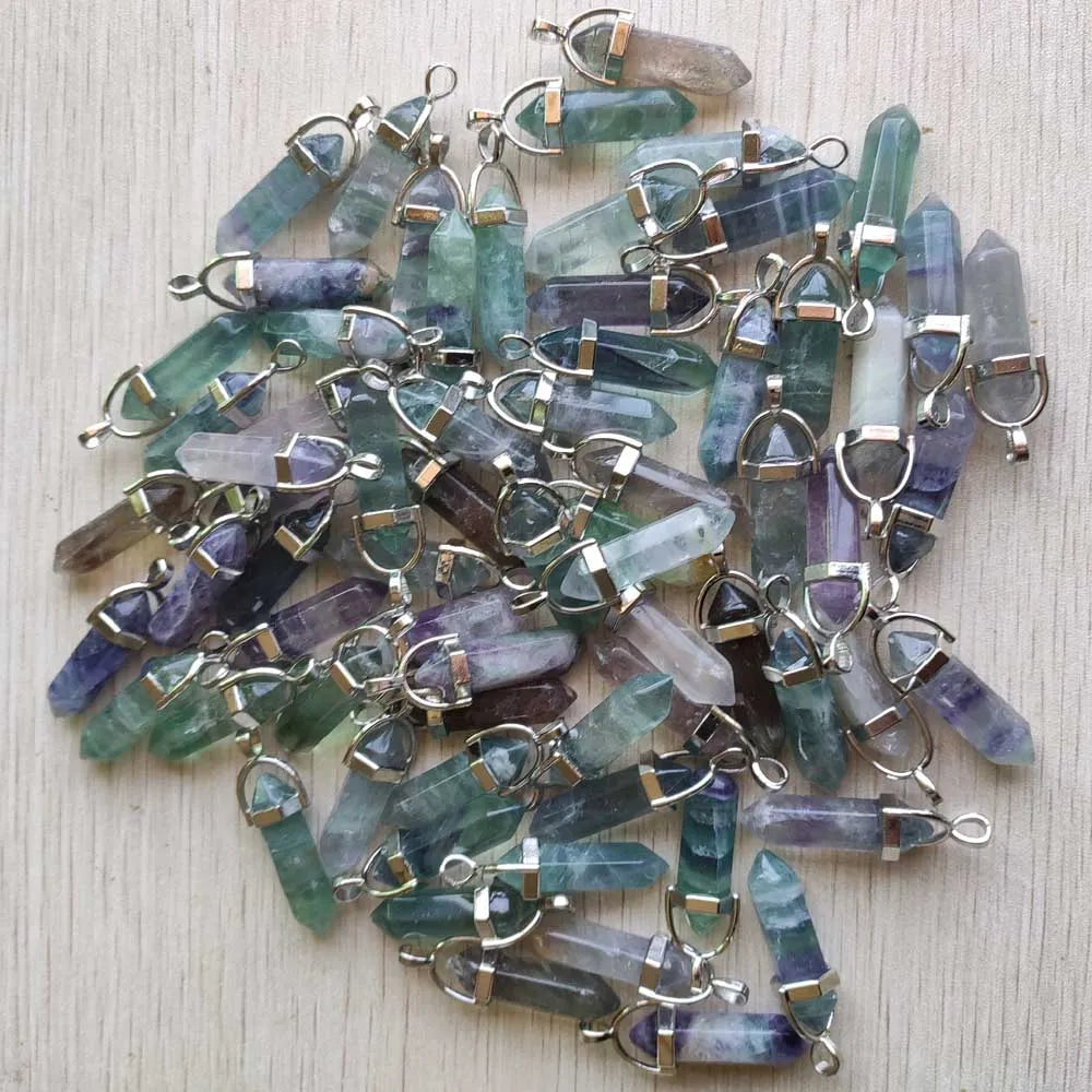 24pcs/lot Natural Fluorite stone pillar charms point Chakra pendants for jewelry making