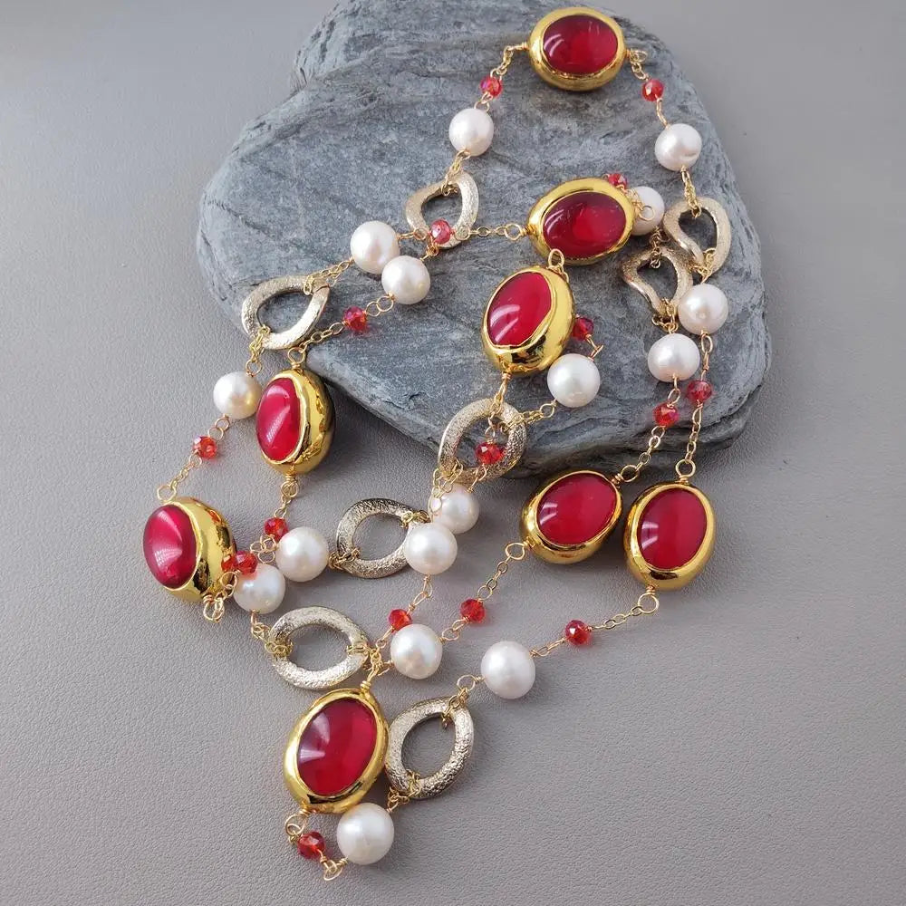 Natural Cultured White Pearls Red Quartz Chain Long Necklace Handmade 47"
