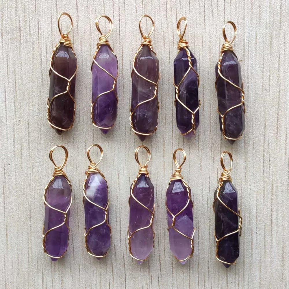 20pcs Natural amethyst stone pillar gold plated wire pendants for jewelry making