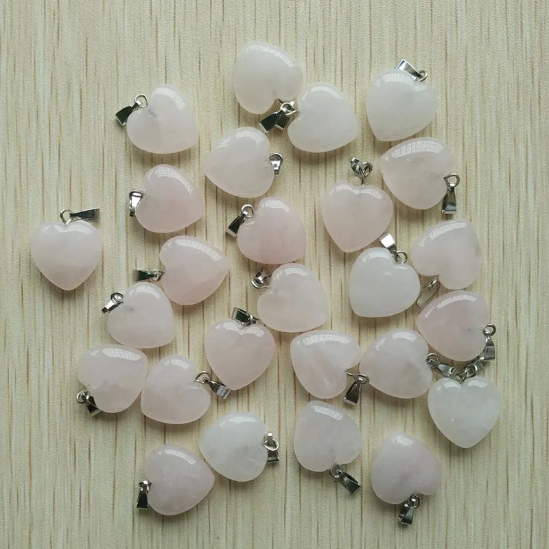 50pcs/lot natural pink roses quartz stone charms heart pendants for jewelry making 16mm Wholesale
