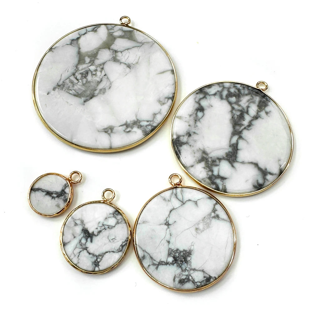 White Howlite Disk Round Flat Stone Reiki Healing Pendant Charm 18K Gold Plated