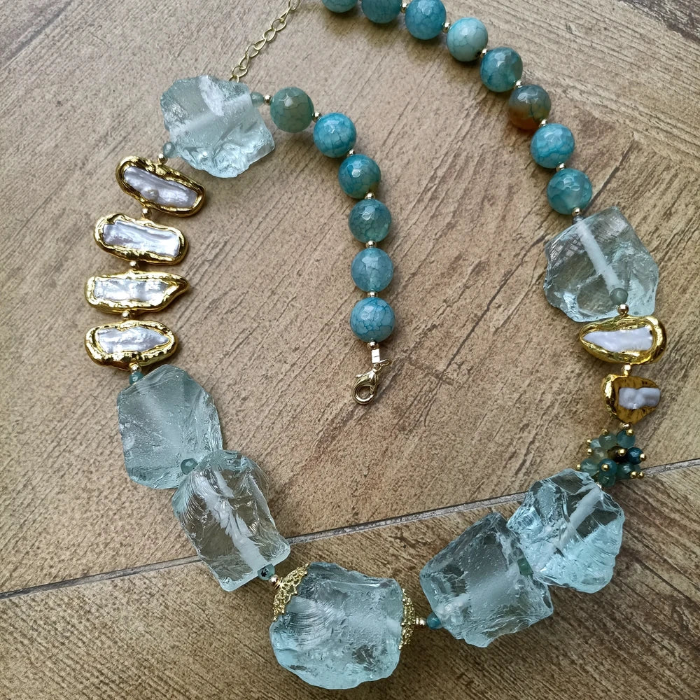 White Biwa Pearl Blue Quartz Rough Raw Chunk Necklace 21"