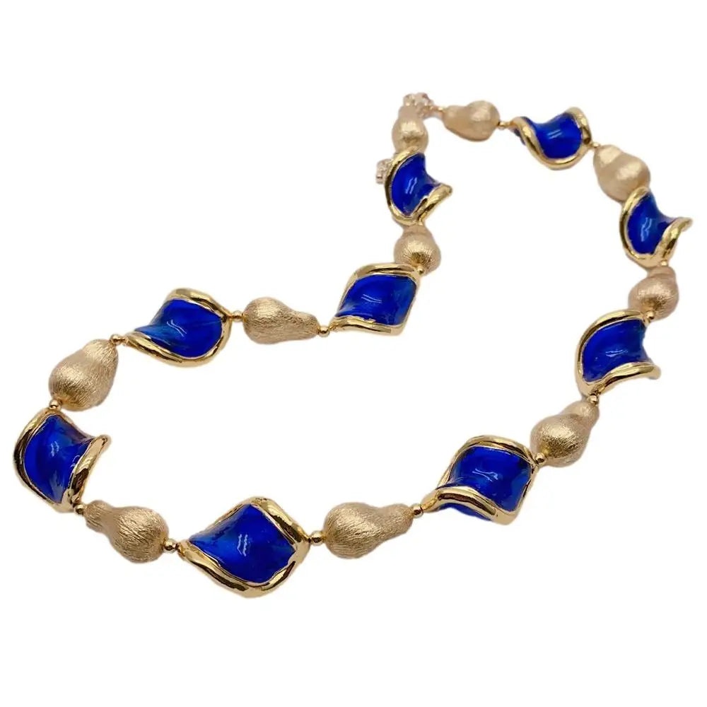 Blue Murano Glass Gold Plated Brushed Bead Necklace Collar Choker Necklace