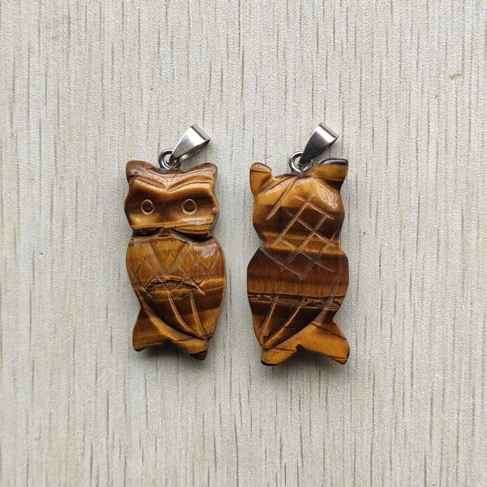 8pcs/lot natural tiger eye stone carved owl pendants for jewelry accessories making wholesale
