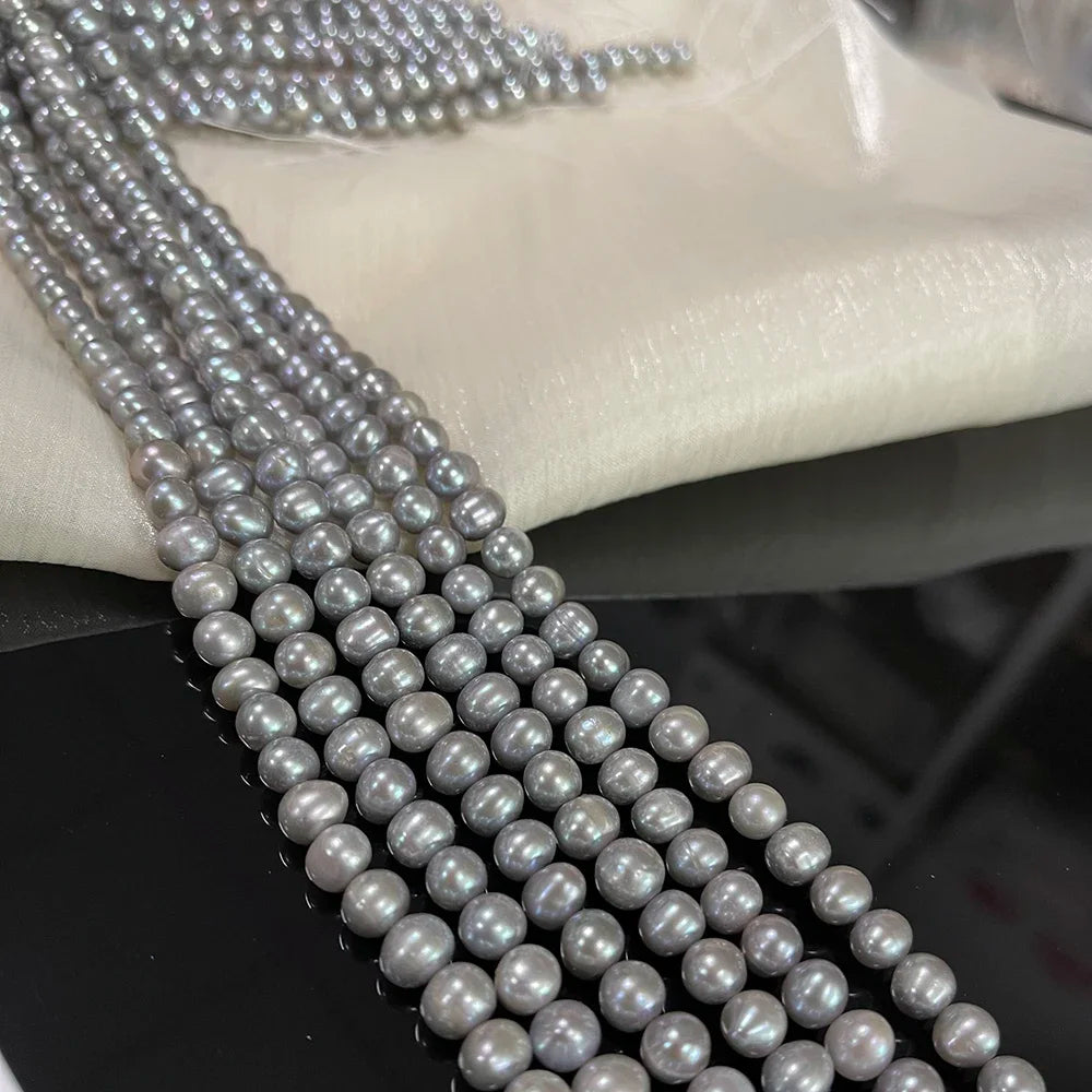 7-8mm Natural Freshwater Pearl Threaded Grey Oval Loose Bead pearls Strand