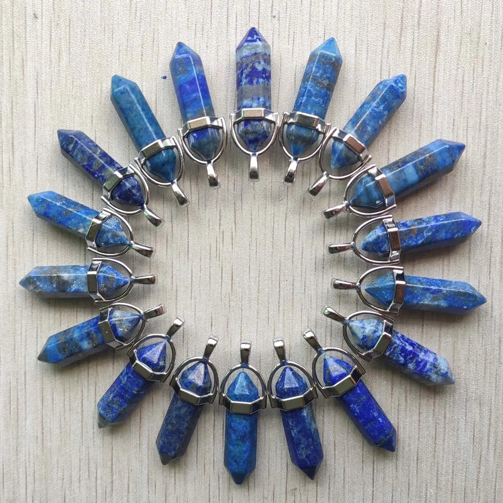 24pcs/lot Lapis Lazuli pillar shape point Chakra charms pendants for jewelry making