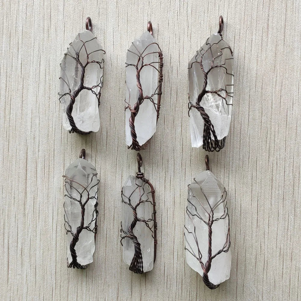 6Pcs/Lot Natural white Rock crystal copper handmade wire wrapped pillar shape pendants for necklace jewelry marking