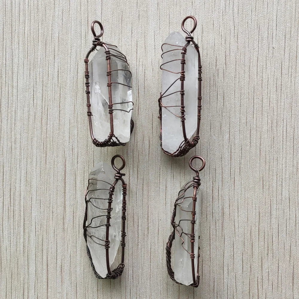 6Pcs/Lot Natural white Rock crystal copper handmade wire wrapped pillar shape pendants for necklace jewelry marking