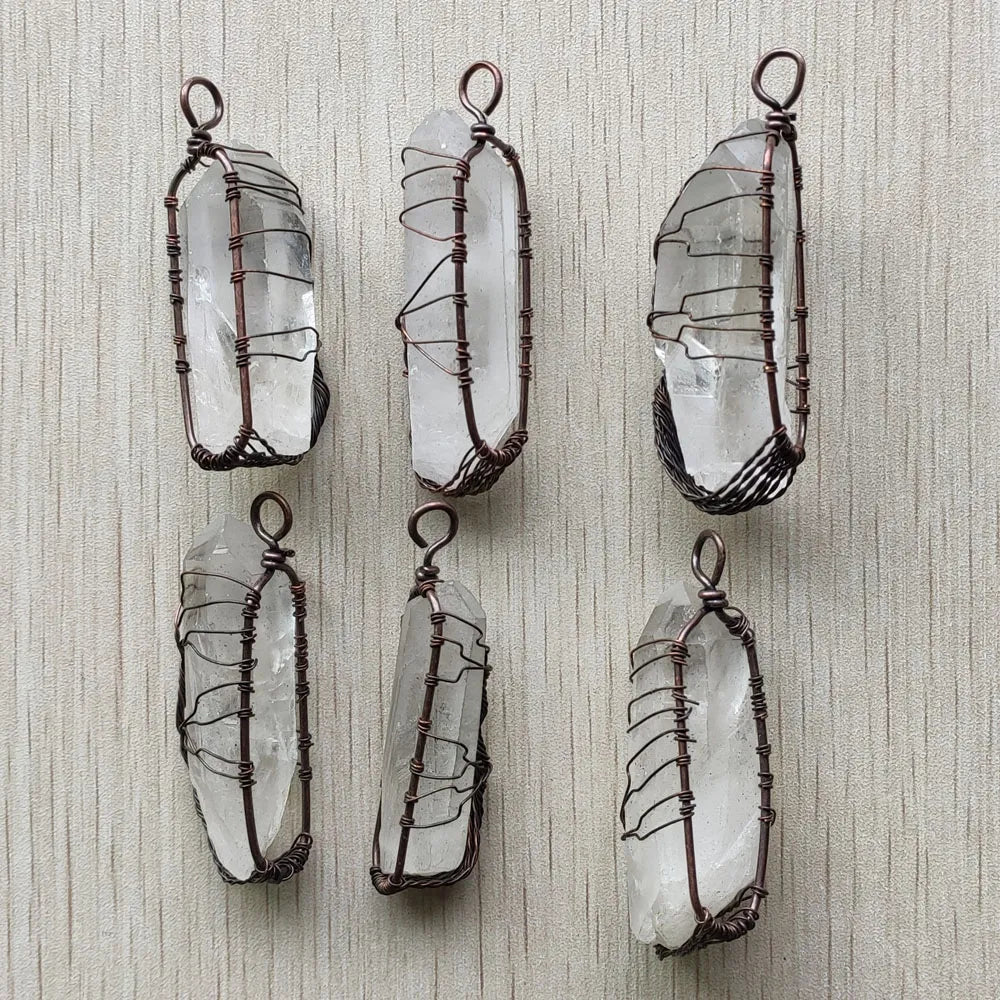 6Pcs/Lot Natural white Rock crystal copper handmade wire wrapped pillar shape pendants for necklace jewelry marking