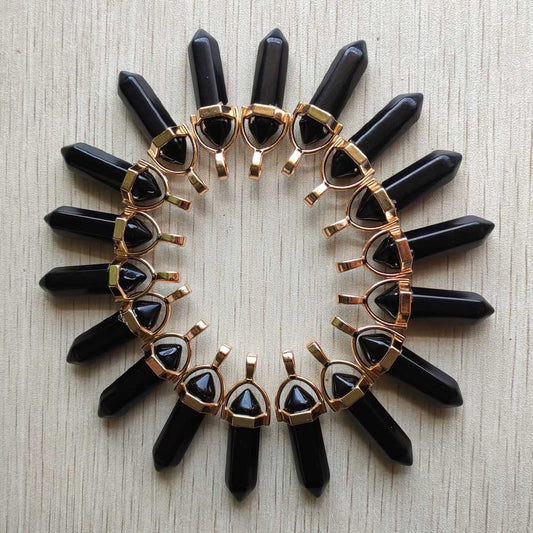 24pcs/lot Black Obsidian stone point pillar gold color alloy pendants for jewelry making