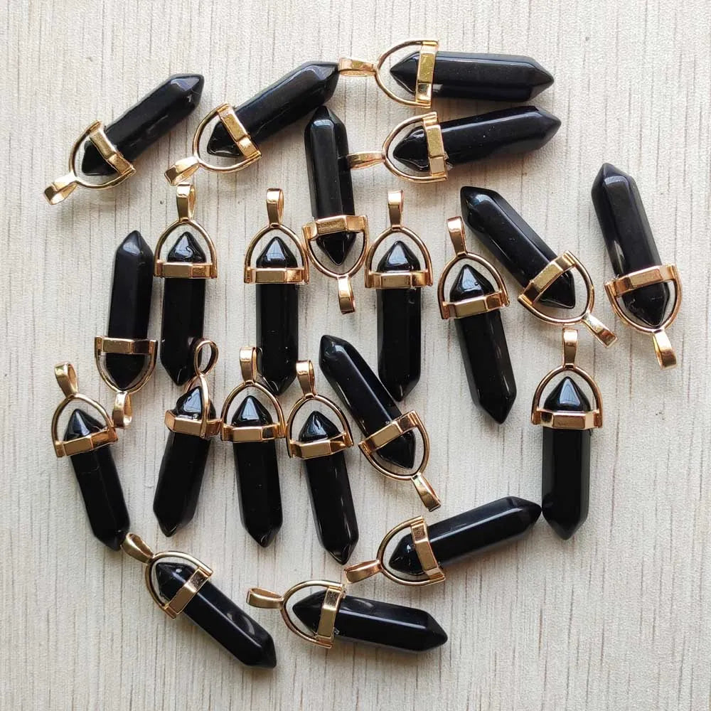 24pcs/lot Black Obsidian stone point pillar gold color alloy pendants for jewelry making