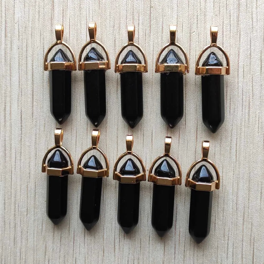 24pcs/lot Black Obsidian stone point pillar gold color alloy pendants for jewelry making