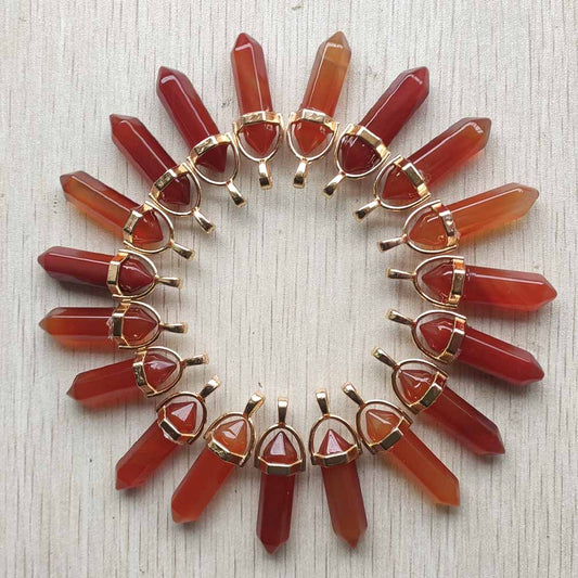 24pcs natural red agates point pillar gold color alloy pendants for women and men jewelry making
