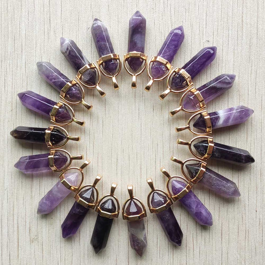 24pcs/lot natural amethysts stone gold color alloy pillar charms pendants for jewelry making