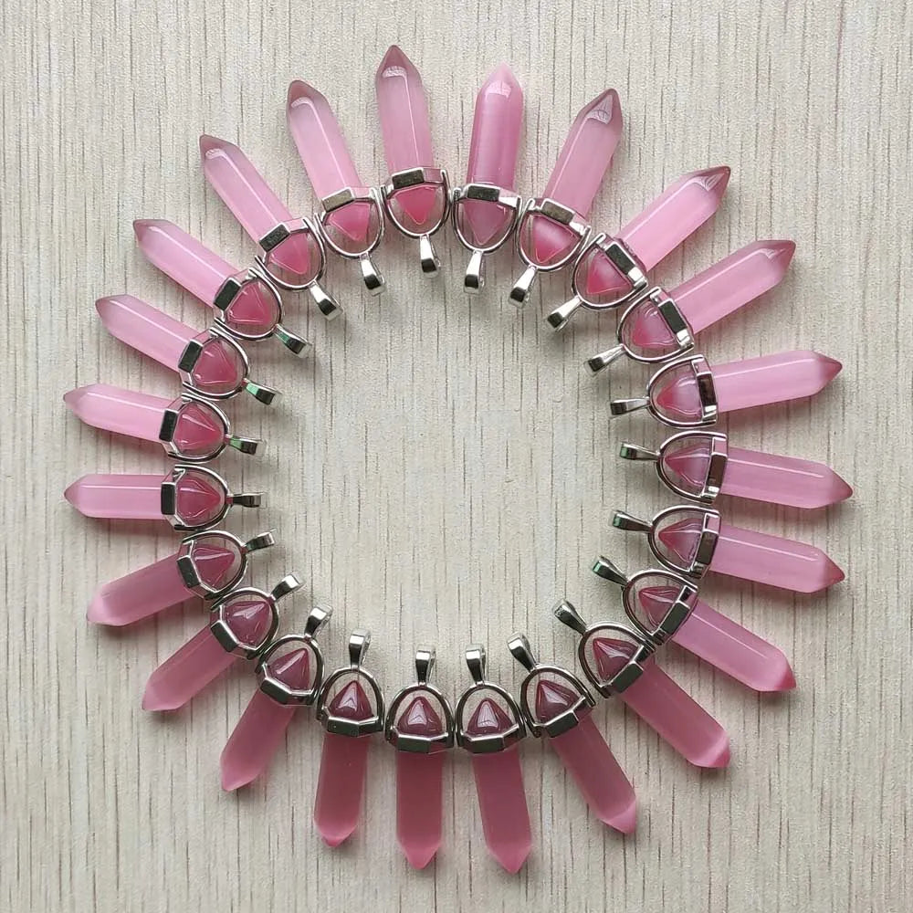 24pcs/lot  Pink Cat Eye stone pillar charms point chakra pendants for jewelry making