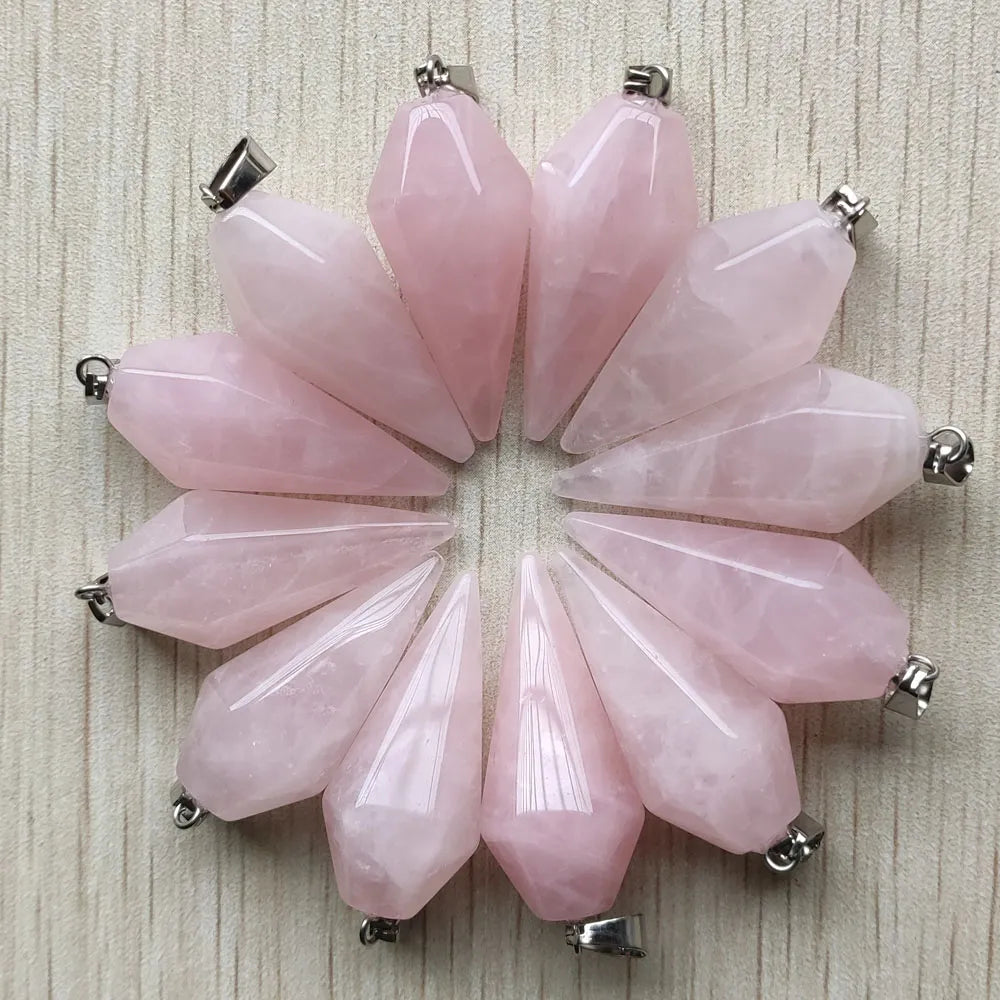 12pcs/lot good quality natural rose quartz stone pendulum pyramid pendants for jewelry making Wholesale
