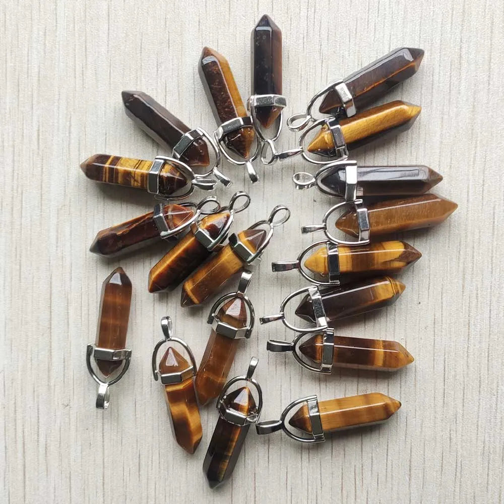 24pcs/lot Natural tiger eye stone point crystal pillar pendants for jewelry making Wholesale