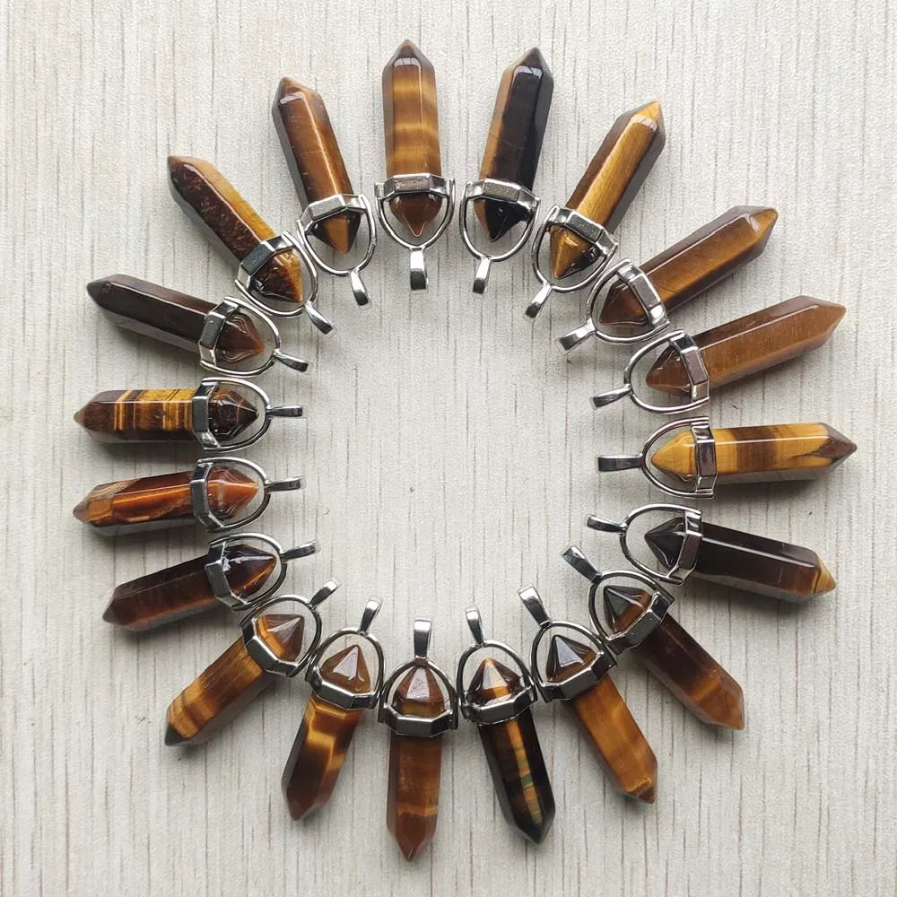 24pcs/lot Natural tiger eye stone point crystal pillar pendants for jewelry making Wholesale