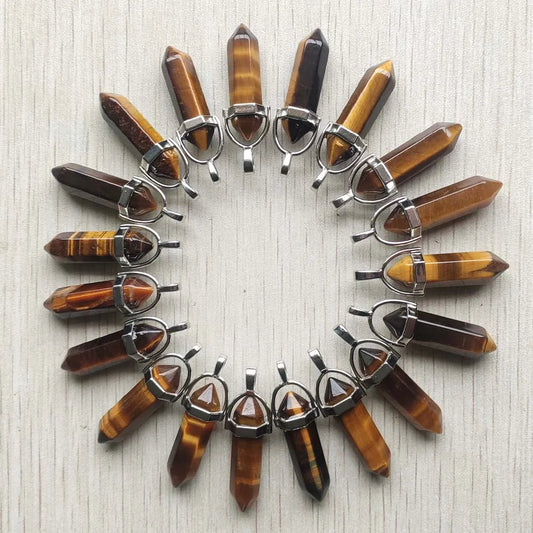 24pcs/lot Natural tiger eye stone point crystal pillar pendants for jewelry making Wholesale