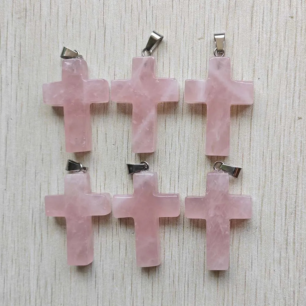 6pcs/lot Natural Rose Quartz Pink Cross shape pendants for jewelry accessories making wholesale