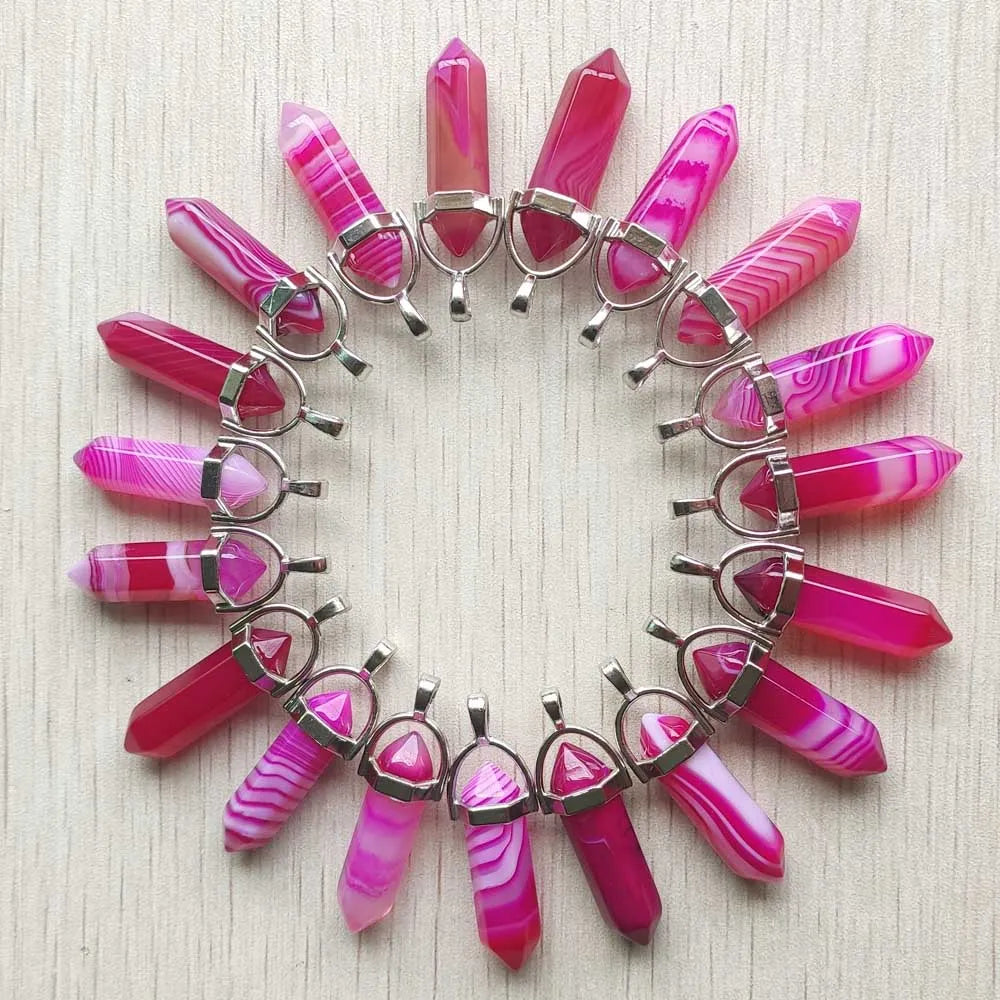 24pcs/lot beautiful stripe rose red onyx agate pillar point pendants for jewelry making Wholesale