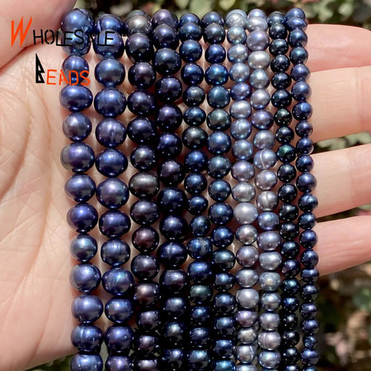 Black Freshwater Natural Pearl Beads High Quality Nearly Round Shape For Jewelry Making DIY- 15" Strand