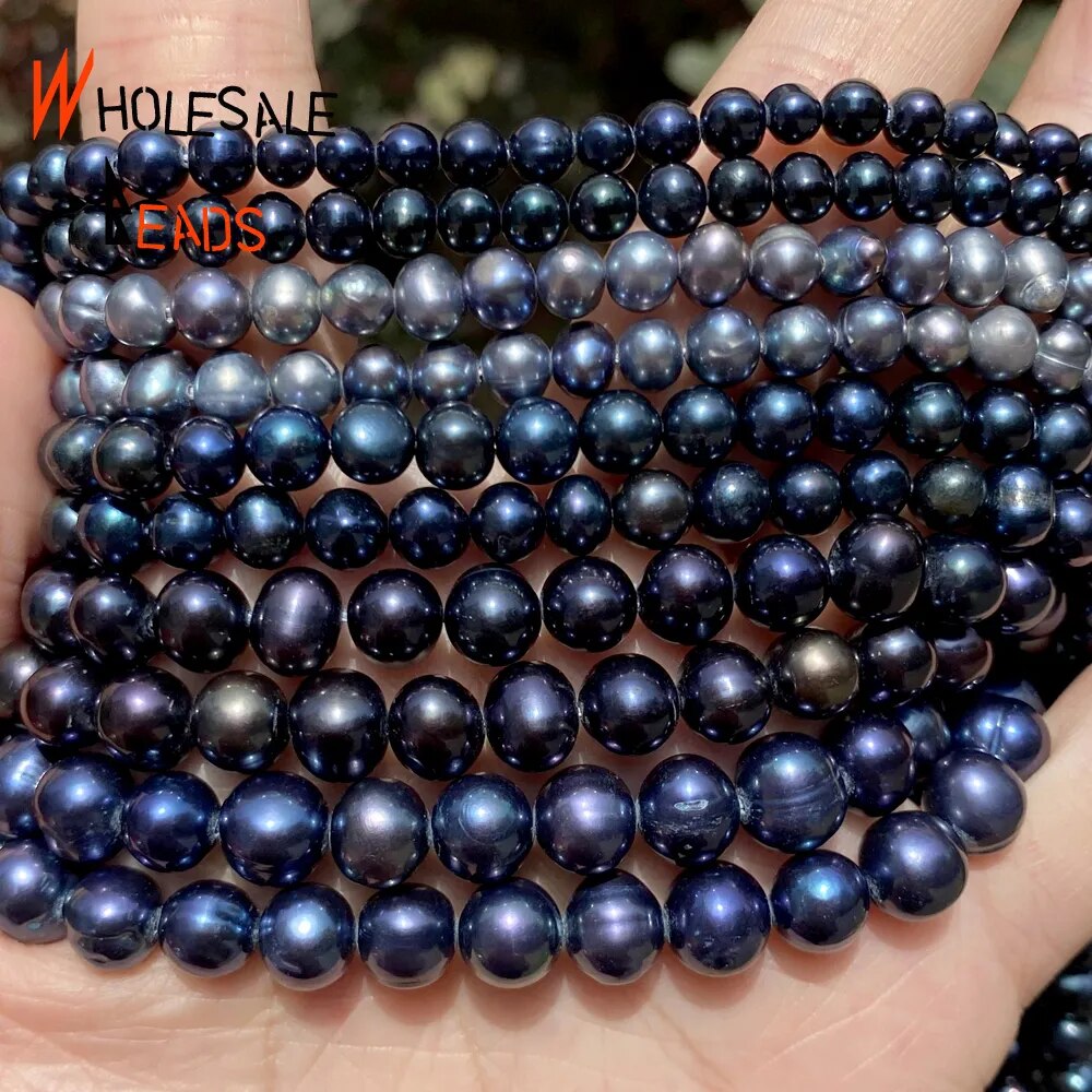 Black Freshwater Natural Pearl Beads High Quality Nearly Round Shape For Jewelry Making DIY- 15" Strand