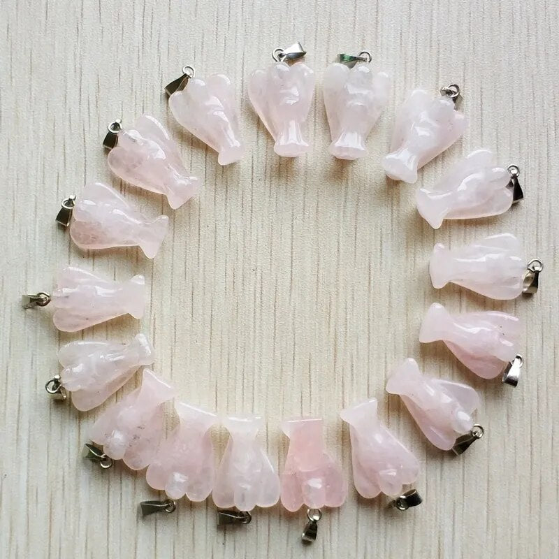 20pcs/lot High quality Carved natural stone Pink Rose Quartz Angel Pendants charms for jewelry making