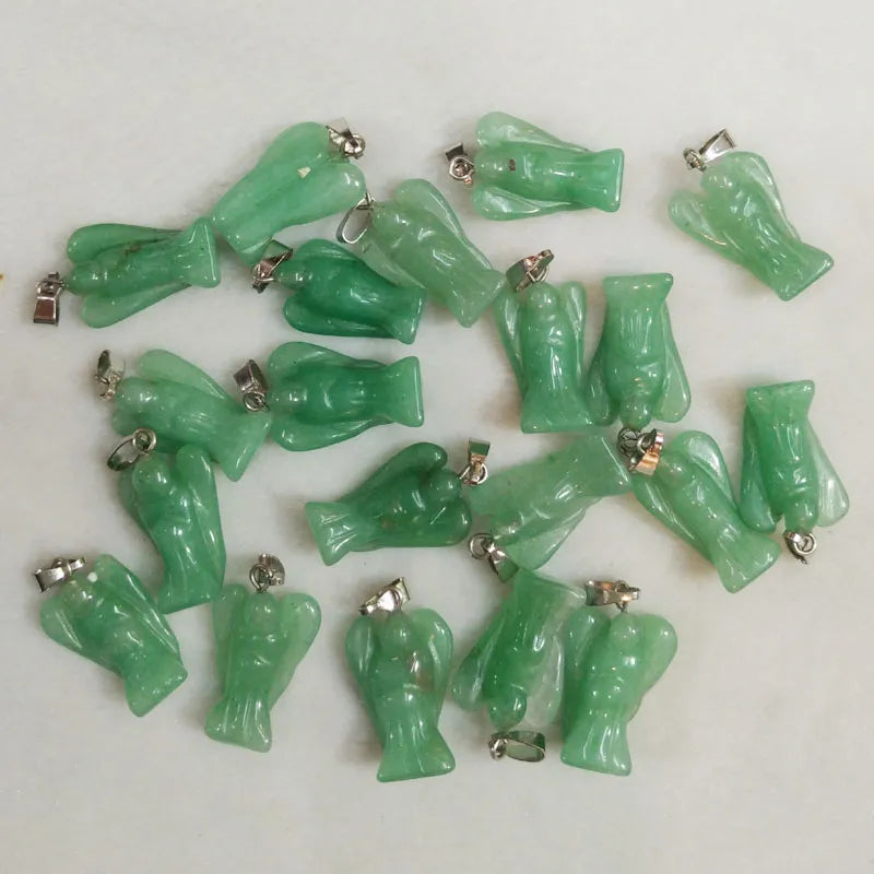 20pcs/lot Carved natural green aventurine stone Angel pendants charms for jewelry making