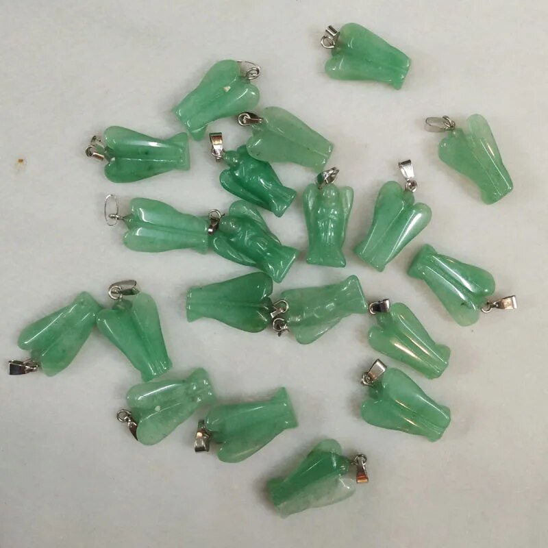 20pcs/lot Carved natural green aventurine stone Angel pendants charms for jewelry making