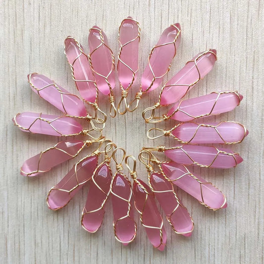 24pcs/lot cat eye stone pink handmade gold color wire pillar pendants for jewelry making