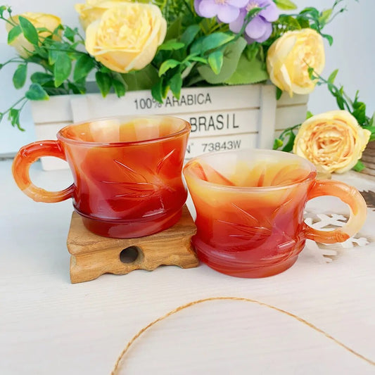 1pc Natural Red Agate Teacup Carnelian Carving Bamboo Patterns With Cup Handle Kitchen Accessories Artificial Jade Porcelain Cup