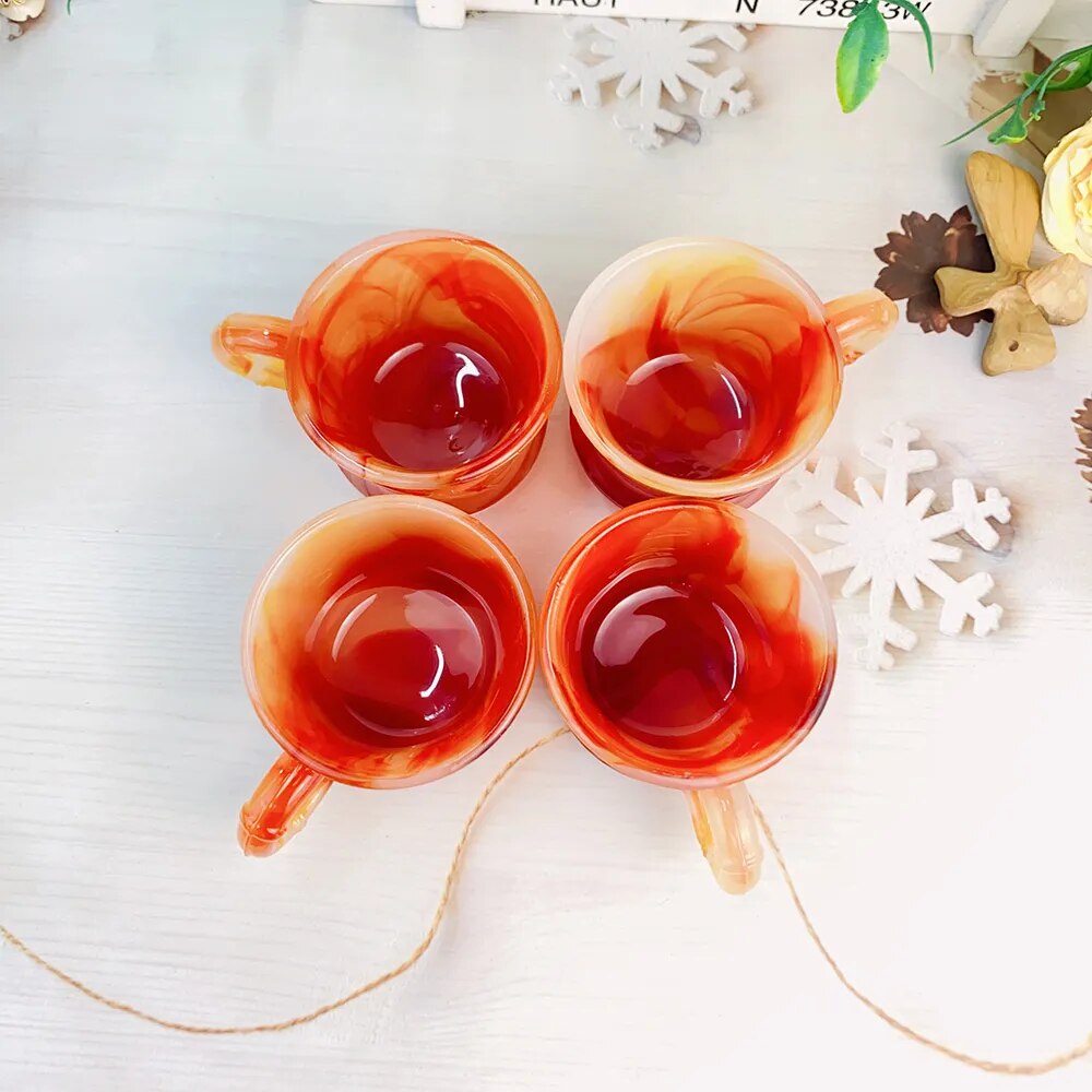 1pc Natural Red Agate Teacup Carnelian Carving Bamboo Patterns With Cup Handle Kitchen Accessories Artificial Jade Porcelain Cup