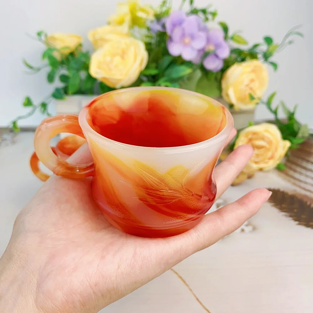 1pc Natural Red Agate Teacup Carnelian Carving Bamboo Patterns With Cup Handle Kitchen Accessories Artificial Jade Porcelain Cup