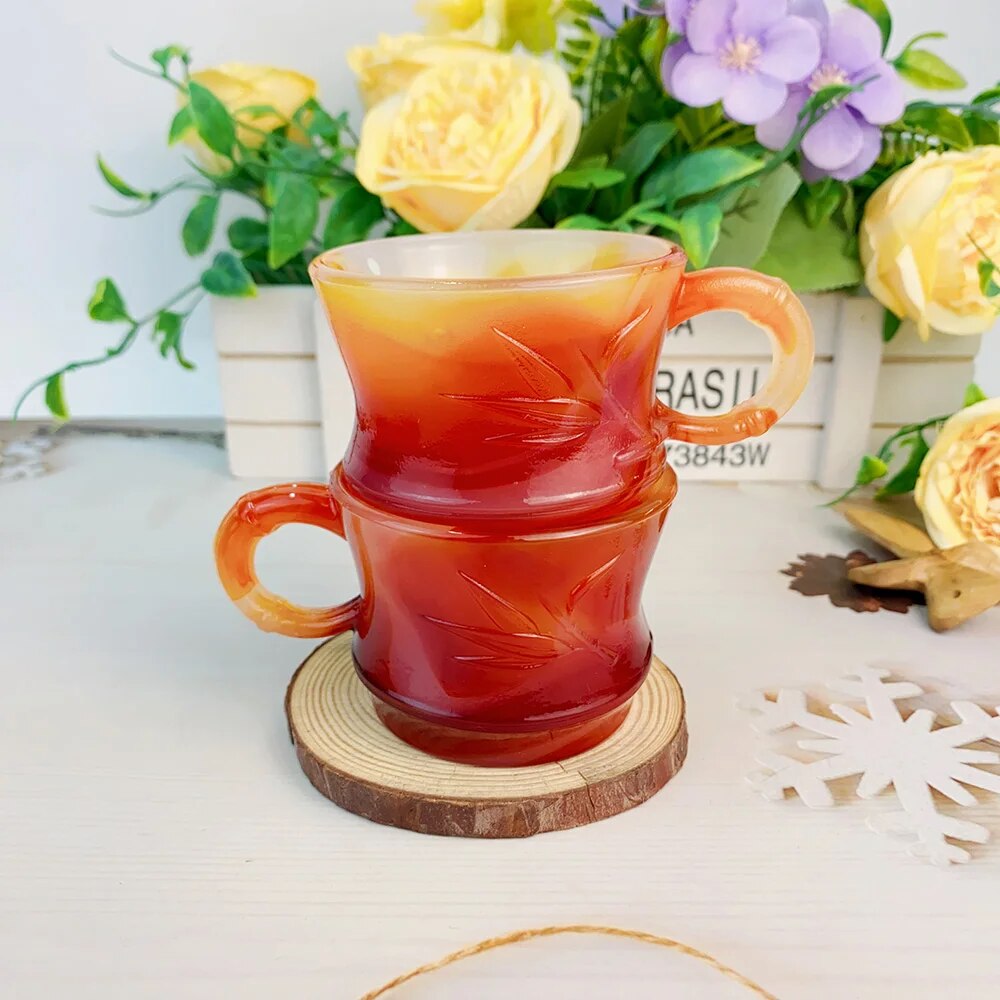 1pc Natural Red Agate Teacup Carnelian Carving Bamboo Patterns With Cup Handle Kitchen Accessories Artificial Jade Porcelain Cup