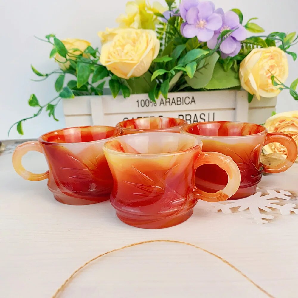 1pc Natural Red Agate Teacup Carnelian Carving Bamboo Patterns With Cup Handle Kitchen Accessories Artificial Jade Porcelain Cup