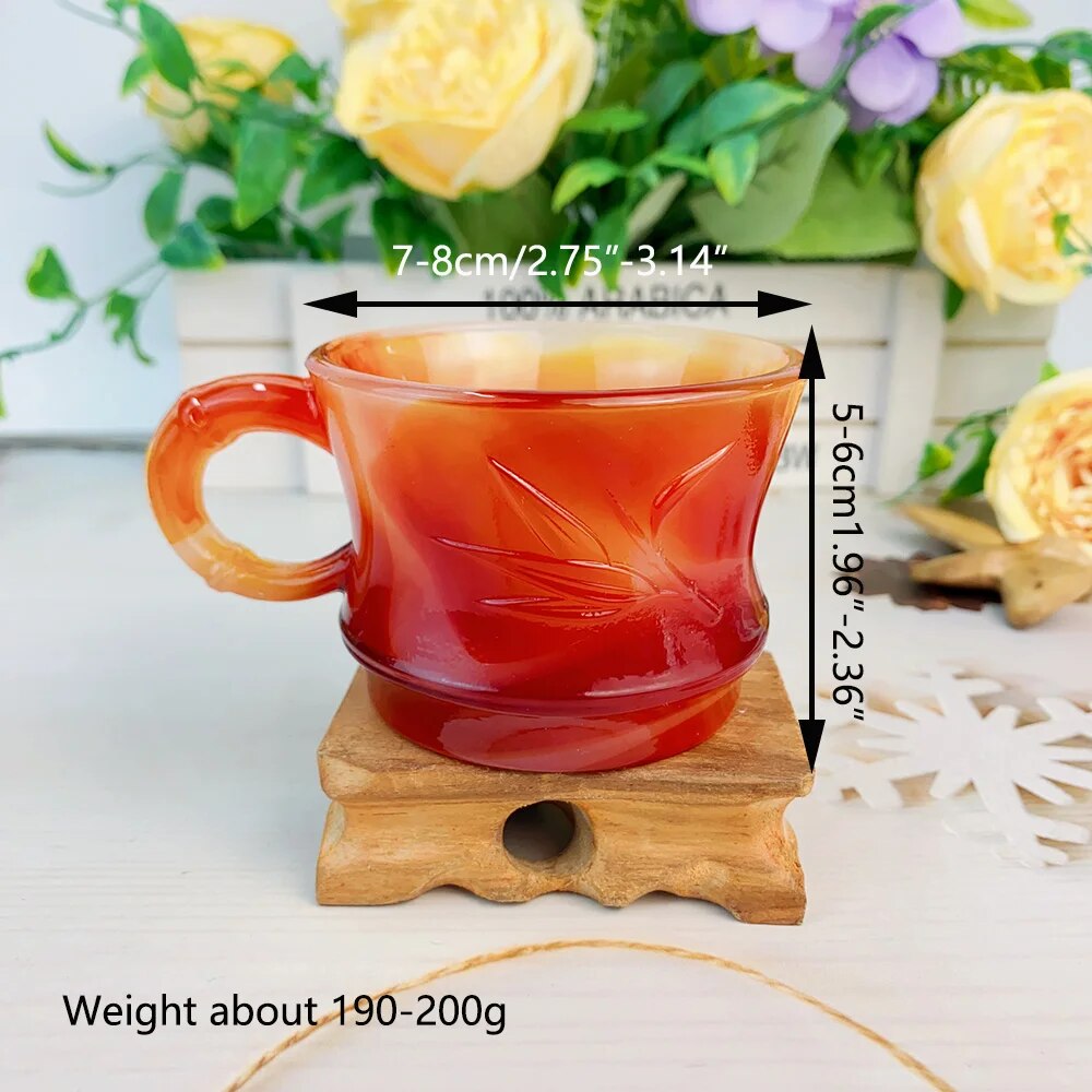 1pc Natural Red Agate Teacup Carnelian Carving Bamboo Patterns With Cup Handle Kitchen Accessories Artificial Jade Porcelain Cup