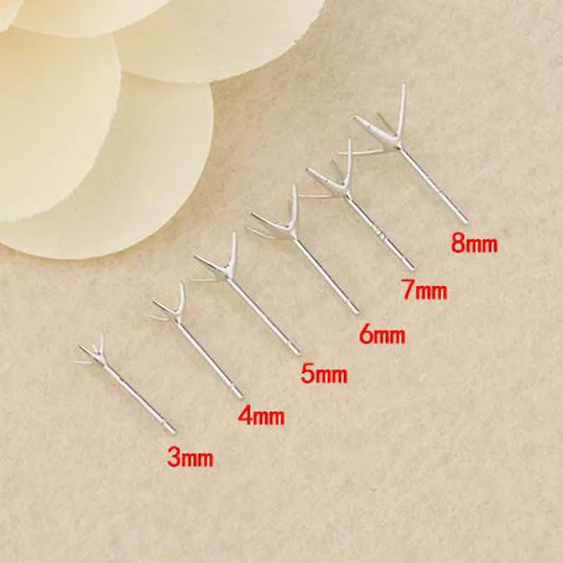 10pcs Solid 925 Sterling Silver Earring Four Claws Stud Needle Post Pins Earrings Settings DIY Jewelry Making Findings