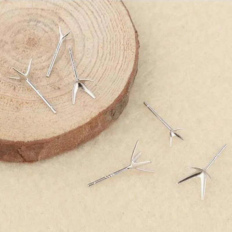 10pcs Solid 925 Sterling Silver Earring Four Claws Stud Needle Post Pins Earrings Settings DIY Jewelry Making Findings