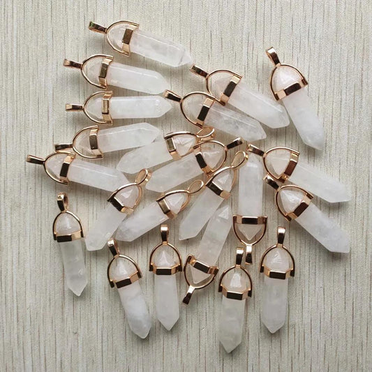 24pcs/lot Natural Rock Crystal point pillar gold color alloy pendants for jewelry making