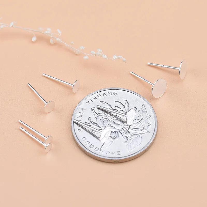 3~8mm Solid 925 Sterling Silver Earring Stud Needle Post Flat Base Pins Settings-10pcs