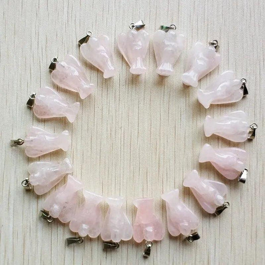 20pcs/lot high quality carved natural stone pink rose quartz angel pendants charms for jewelry making