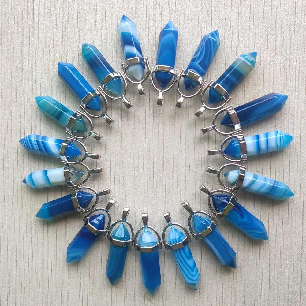24pcs/lot stripe light blue agate onyx pillar point chakra charms pendants for jewelry making wholesale