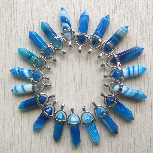 24pcs/lot stripe light blue agate onyx pillar point chakra charms pendants for jewelry making wholesale