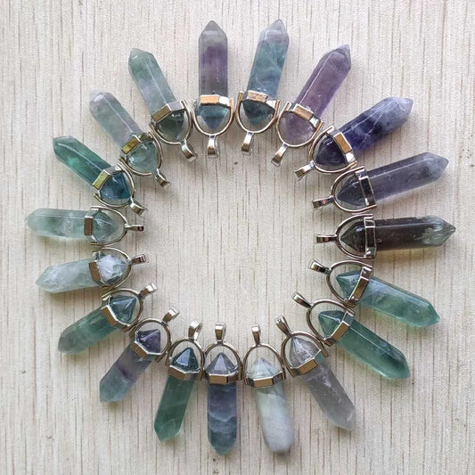 24pcs/lot Natural Fluorite stone pillar charms point Chakra pendants for jewelry making