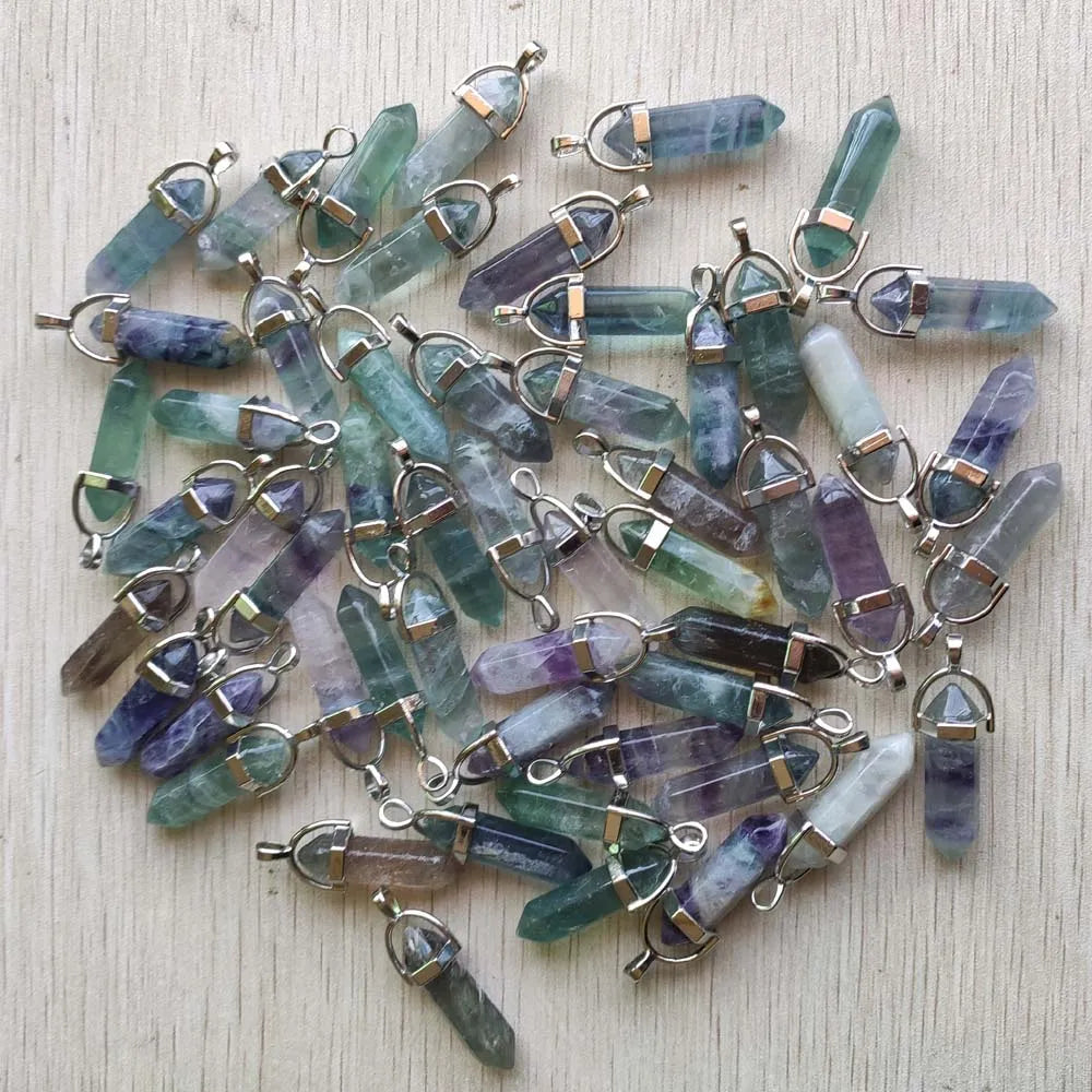 24pcs/lot Natural Fluorite stone pillar charms point Chakra pendants for jewelry making