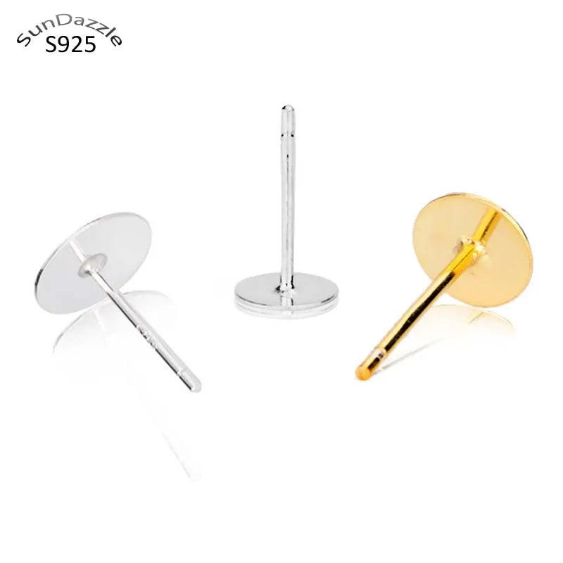 6pcs Gold Solid 925 Sterling Silver Earring Stud Needle Post Flat Base Pins Silver Settings DIY Jewelry Making Findings